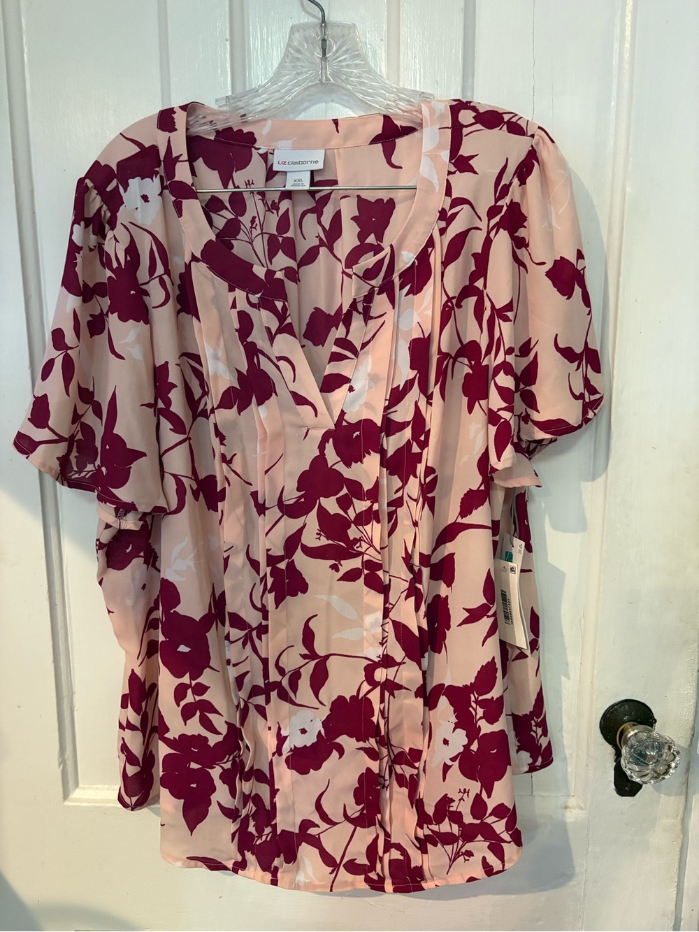 Liz Claiborne Blush Pink Rose Floral V-Neck Puff Sleeve Blouse